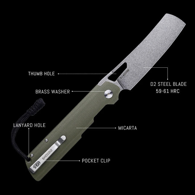 Shooziz Folding Camping Knife, Pocket Knife for Man, D2 Satin/Stonewash Blade, Brass Washer for Outdoor EDC Tool, G10/Micarta Handle