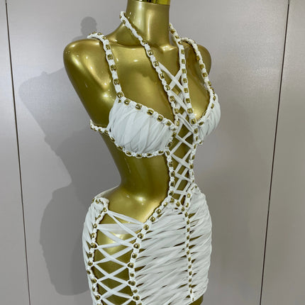 2026 Women Sexy White Halter Neck Perspective Hollow Mini Dresses Summer Backless Nightclub Party Evening Club Performance Dress