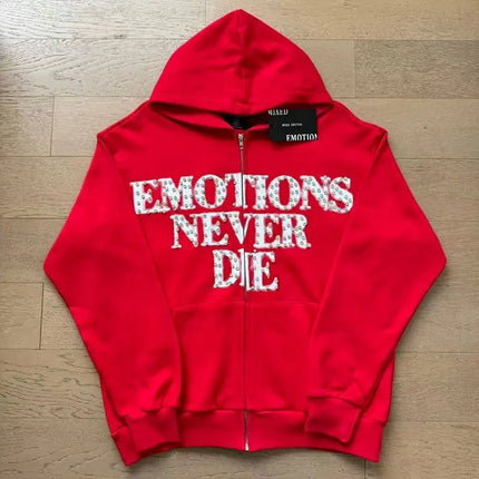 Mixed Emotion Zipper Hoodie Thin Pure Cotton Print Diamond Pattern Casual Streetwear Sweatshirt Red