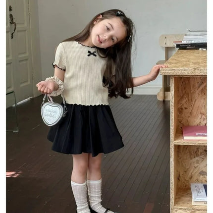 Girls' 1-12Y Korean-Style Knitted Lace-Trimmed Short-Sleeve Summer Ruched Tops: Trendy, Breathable, Bow Tie, Versatile Tee
