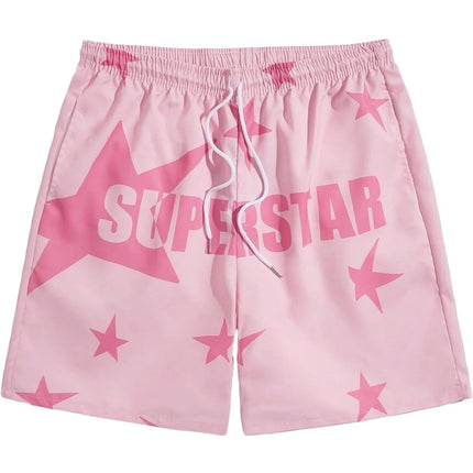 2026 New Pink "SUPERSTAR" Star Print Mens Shorts Elastic Waist Running Workout Gym Sports Male Casual Shorts