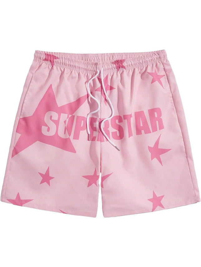 2026 New Pink "SUPERSTAR" Star Print Mens Shorts Elastic Waist Running Workout Gym Sports Male Casual Shorts