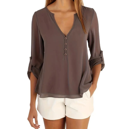 Plus Size Women’s Fashion Long Sleeved V-neck with Irregular Buttons on The Back Shirt  Women All Season Casual Shirt