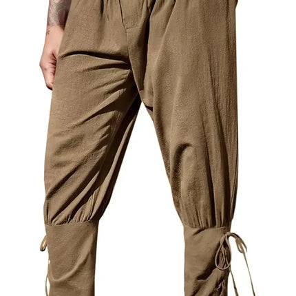 Mens Medieval Ankle Pants Renaissance Viking Pirate Lace Up Tapered Halloween Linen Costume Trousers Cargo Pants