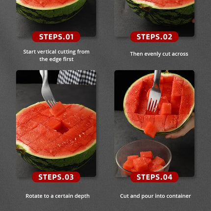 1pc Multi-purpose Portable 2In1 Watermelon Fork Slicer Watermelon Slicer Cutter Knife Stainless Steel Kitchen Fruit Cutting Fork