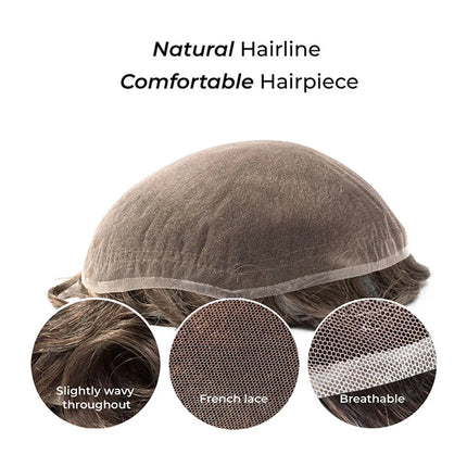 10x8inch Men's Toupee French Lace Hair System Indian Remy Hair Breathable Full Lace Hair Replacement Hairpiece