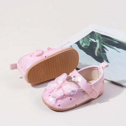 Shiny 3D Butterfly Princess Dress Shoes for Baby Girl Glitters Flats Non-Slip Crib Shoes Walking Shoes for Toddlers Infants