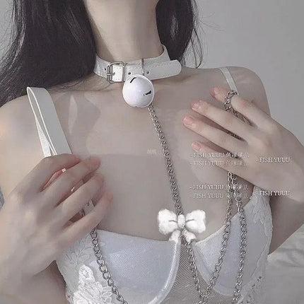 Sexy Women Pink PU Leather Bowknot Traction Rope Metal Link Chain Bell Pendant Punk Collar Choker Necklace Cosplay Costume Props