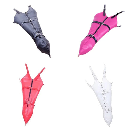 BDSM Leather Long Arm Restraint Gloves with Adjustable Straps Zipper Closure Handcuffs for Couple Hand Bondage Adult Sex Toys