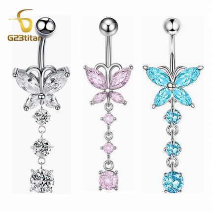 G23titan Crystal Zircon Butterfly Dangle Belly Button Ring Titanium or Steel Bar Navel Piercing Jewelry Women Body Accessories