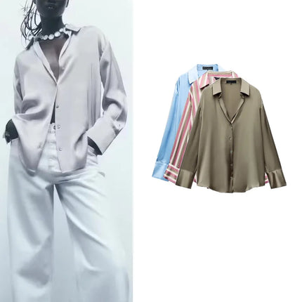 Classic Silk Satin Feel Shirt New Spring Collection Long Sleeve Polyester Fabric Women's Premium Fashion Regular Length