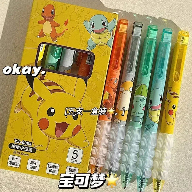 5pcs Pokemon Pens Pikachu Squirtle Charmander Cute Press Gel Pen Set Anime Cartoon School Office Stationery Supplies Kids Gifts