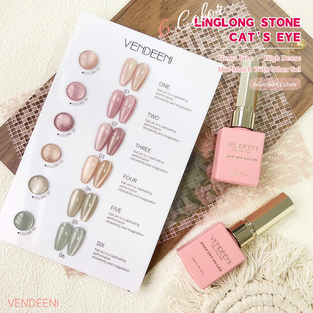 Vendeeni 6 Colors Magnetic Cat Eye Gel Nail Polish Set Pink UV LED Soak Off Gel Varnish Crystal Cat Eye Gel Lacquer With Display