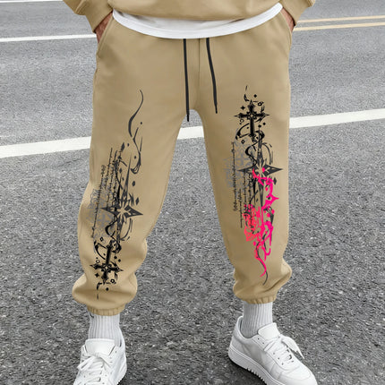 Vintage Contrast Cross Tribal Print Khaki Jogger Pants Men Elastic Cuff Drawstring Tapered Gothic Daily Street Sweatpants