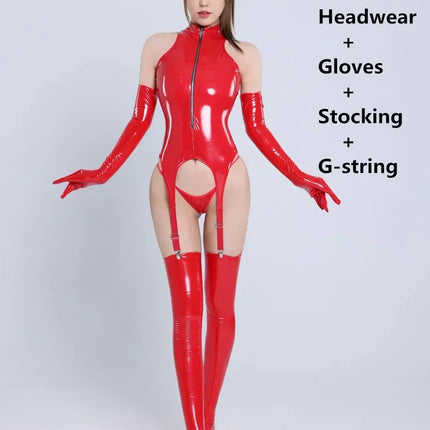 Womens Sexy Erotic Latex Leather Bodysuit Cupless Crotchless Teddy Leather Lingerie Latex Catsuit Fetish Teddies Costume