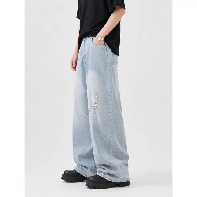 Men's American High Street Baggy Jeans 2026 Summer New Light Wash Distressed Knife Cut Wide Leg Casual Denim Pants
