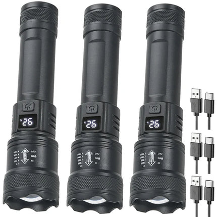 Rechargeable LED Flashlight Zoomable Torch with LCD Display 3 Modes Waterproof High Power Hand Light Outdoor Wilderness Camping