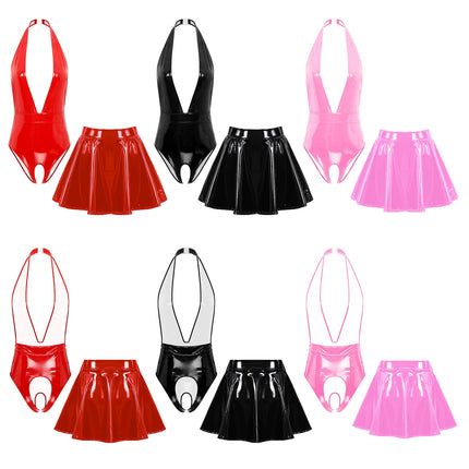 Sissy Women Leather Lingerie Set Halter Sleeveless Crotch Opening Bodysuit with Mini Skirt Set for Lingerie Tempting Nightwear