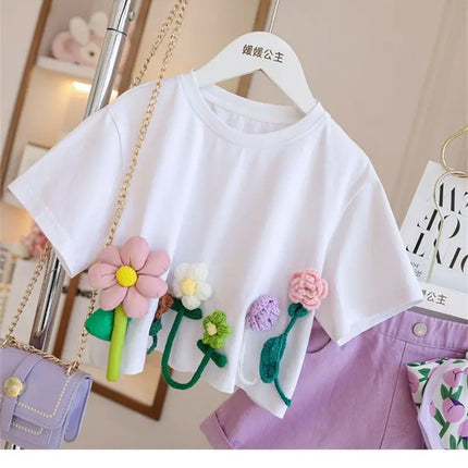 Children's T-Shirts Three-dimensional Flower Decoration Short Sleeve Kids Clothes for 3 To 13 Years Girls Tshirts