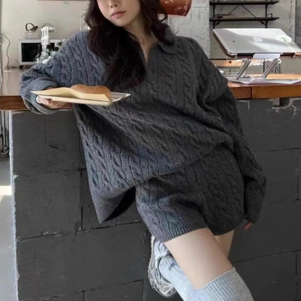Loose  Ne Knitted Sweater And orts Set for Women Faionable Lazy Sle Twist Knit Top And Bot Two-Piece Suit