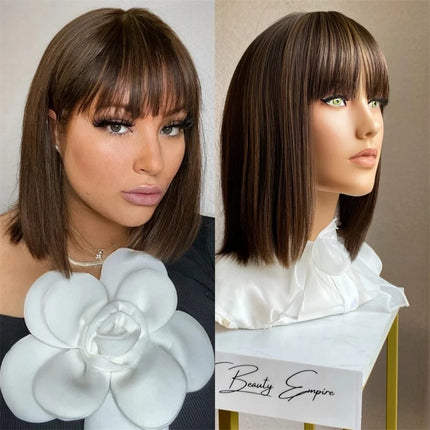 Short Straight Bob with Bangs Ombre Chocolate Brown with Blonde Streaks Synthetic Lace Front Wig Heat Resistant Fibre Wig Daily