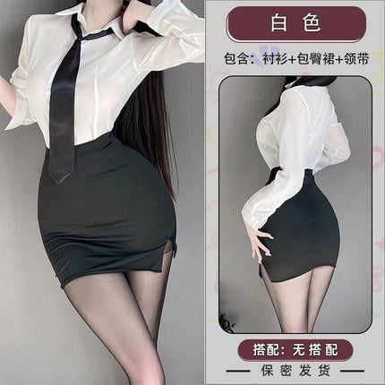 Sexy Pure Desire Summer Top Skirt Set Secretary Style OL Career White Shirt Women's Slim Fit Casual Fashion V-neck Polyester