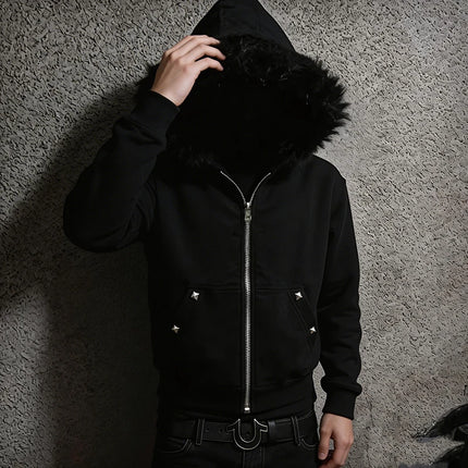 European American Plush Collar Square Rivet Cardigan Zipper Long Sleeves Hoodie Trend Street Winter Men's Women's Clothing Top