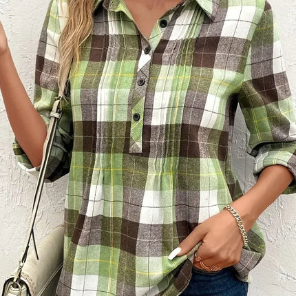 Women's Plus Size 1XL-5XL Plaid Print Long Sleeve Casual Blouse Lapel Collar Pullover Shirt Ladies Fashion Button Up Shirt Top