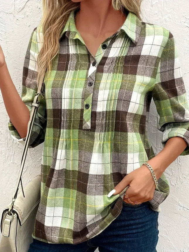 Women's Plus Size 1XL-5XL Plaid Print Long Sleeve Casual Blouse Lapel Collar Pullover Shirt Ladies Fashion Button Up Shirt Top