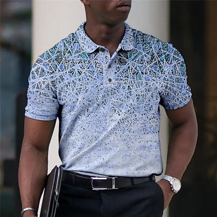 Summer Men's Polo Lapel Golf Shirt with Printed Geometric Pattern Fold