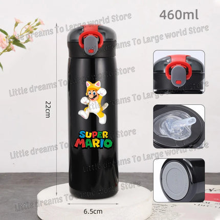Super Marios Bros 460ml Thermal Cup Men Women Anime Black Straw Bottle Bouncing Lid Portable 304 Stainless Steel Thermo Bottles