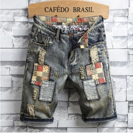 2026 new large size denim shorts retro ripped slim men's five quarter pants with cloth medium pants ripped jeans
