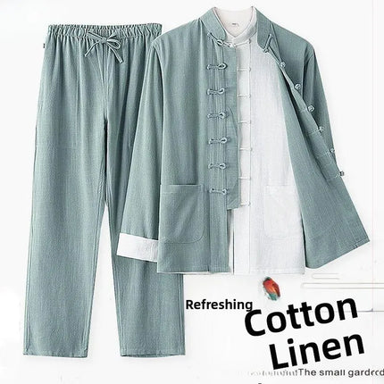 Men's Spring Summer Chinese Style Cotton Linen Long Sleeve Two-Piece Set Traditional Clothing Loose Fit Square Collar Shirt