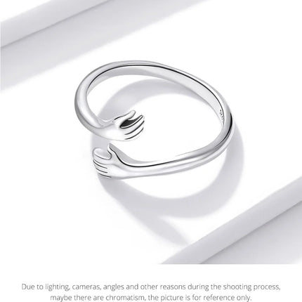 BAMOER 925 Sterling Silver Hug Open Ring Warm Love Hand Adjustable Glossy Ring for Women, His Big Loving Family Party Gift