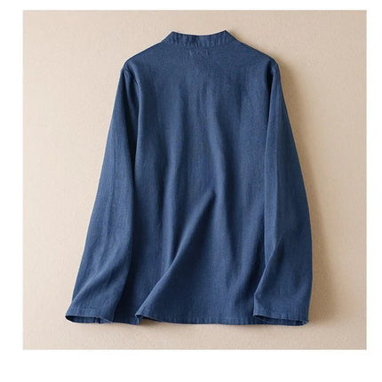 Retro Artistic Women's Long Sleeve Cotton Linen Loose Slim Fit Shirt Stand Collar Side Button Geometric Pattern Elegant Style