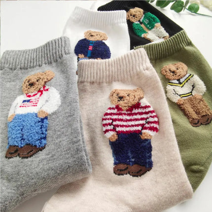 Cute Trendy Cartoon Bear Mid-Calf Cotton Socks for Women Casual Sweater Adult Female Bear Socks Comfortable Breathable Home Wear