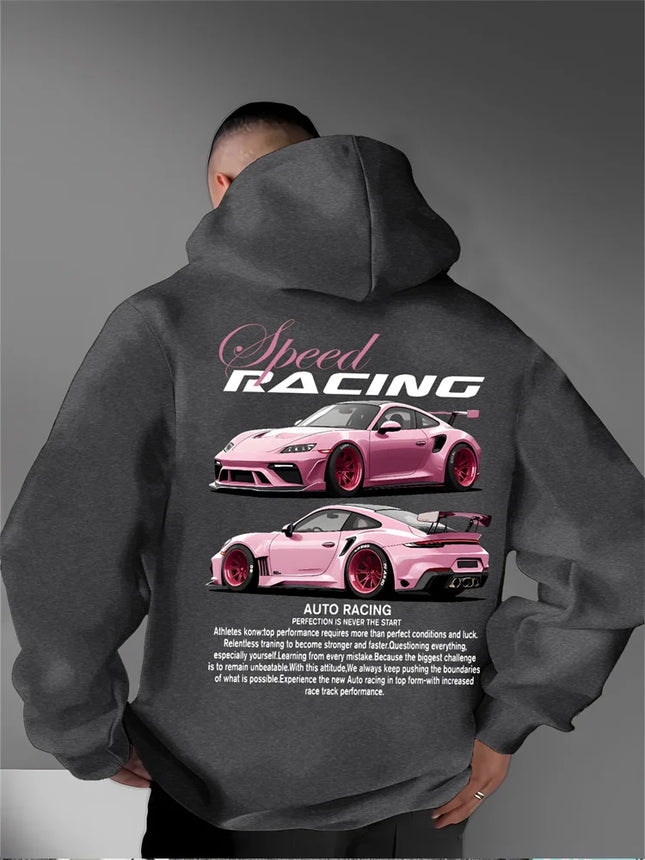 Autumn and Winter Models with Retro Street Style Inspirational Print Men's Hoodie with Car Pattern, Casual Style Pullover