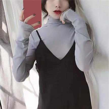 Sexy Women T Shirt See Through Transparent Mesh Tops Long Sleeve Sheer Slim Ladies Solid Turtleneck Silk T-Shirt Lace Crop Top