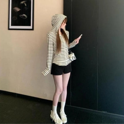 2000S American Vintage Striped Long Sleeve Hooded Sweatshirt Y2k Subculture Casual Zip Up Hooded Cardigan Harajuku Coats Chic