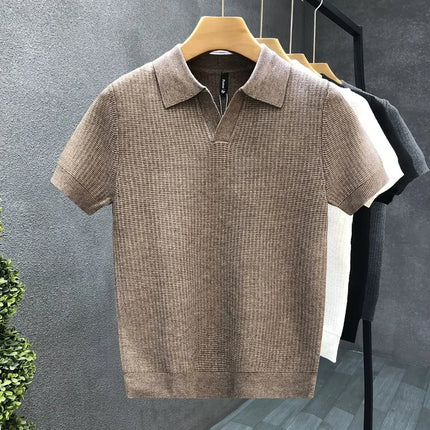 Men's Polo Neck Short Sleeve Knitted Sweater Slim Fit Summer Fashion Turn-down Collar Base Shirt Casual Style Pure Color