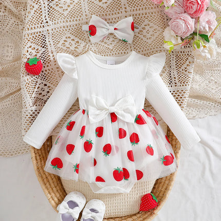 Baby girl autumn princess chiffon skirt strawberry print flying sleeves big bow design for birthday party wear