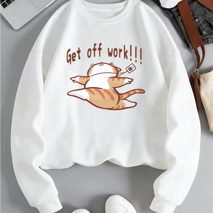 Get Off Work Happy Cat Prints Hoodies Women Winter Basics Pullovers Fleece Warm Soft Sweatshirts Casual Woman Autumn Clothes