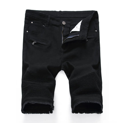 New Red Men's Jeans Shorts Pleats and Holes Decorated Shorts Men Blue White Black Blue Red Denim Shorts，Asian Size