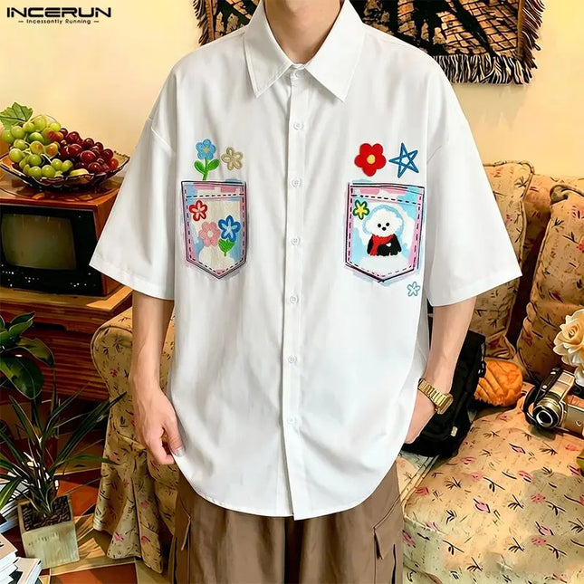 INCERUN Men's Shirt Printing Lapel Short Sleeve Loose Summer Menswear Clothing Streetwear 2026 Korean Style Casual Tops Shirts
