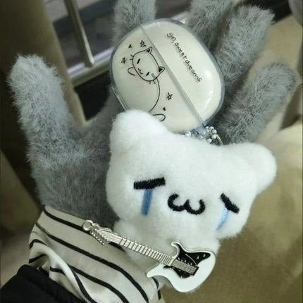 2pcs Cute Guitar Ghost Cat Couple Keychain Mini Crying Cat Doll Plush Keyring