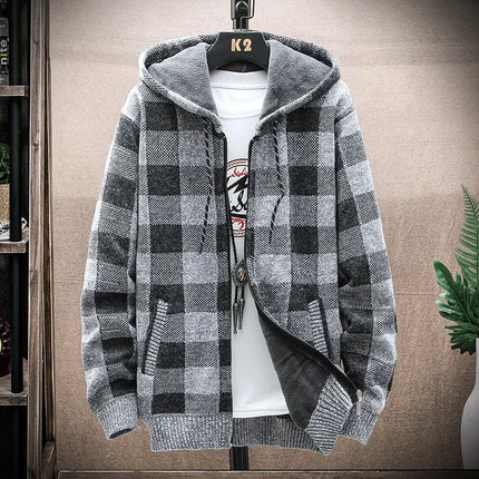 2023 Autumn/winter Fleece-lined Trendy Color Block Versatile Hooded Men's Cardigan Youth Outerwear Knitted Top For Men