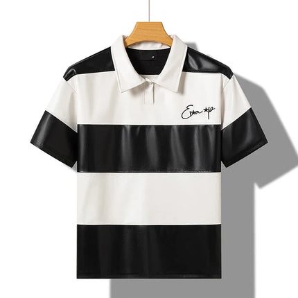 Splice Color Stripe Pu Leather Lapel Collar T Shirt Black Purple Red Polo Shirt Men Women High Quality Casual Short Sleeve Tops