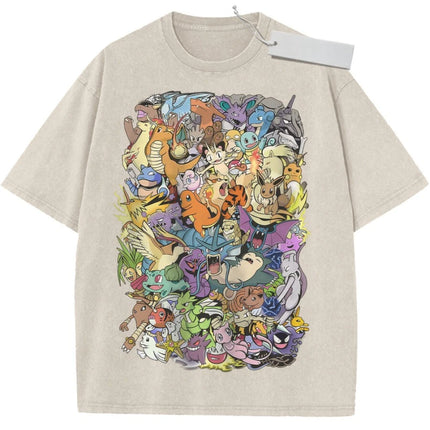 Vintage Washed Tshirt Pokemon Anime Characters Oversized Print Streetwear Fashion Casual Daily Wear Party Campus