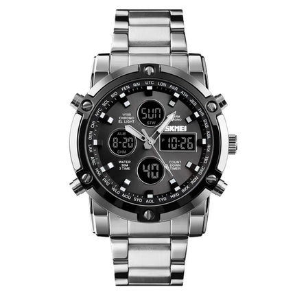 SKMEI Men Dual Display Watch Countdown Steel Strap Electronic Wristwatch Three Time Clock Digital Quartz Watch Relogio Masculino