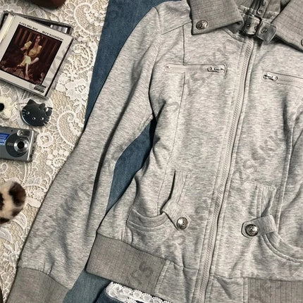 Vintage Coat Zipper Slim Y2k 2000s Womens Goth Punk Streetwear Polo Jacket Sweatshirt Basics Hoodie Autumn Winter Fashion Grunge